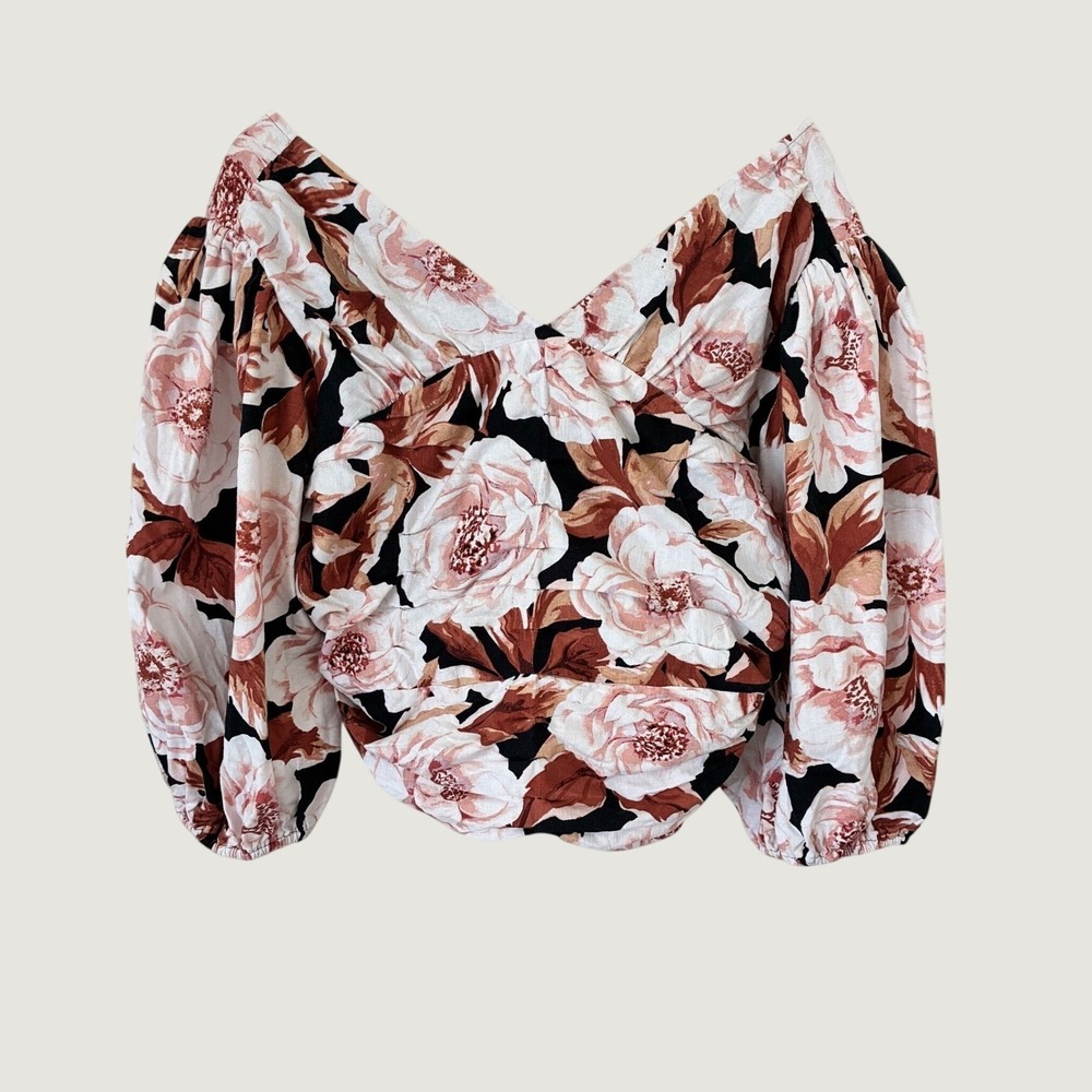 Express Floral Linen Blend Puff Sleeve V-Neck Smocked Crop Top XL Black Pink